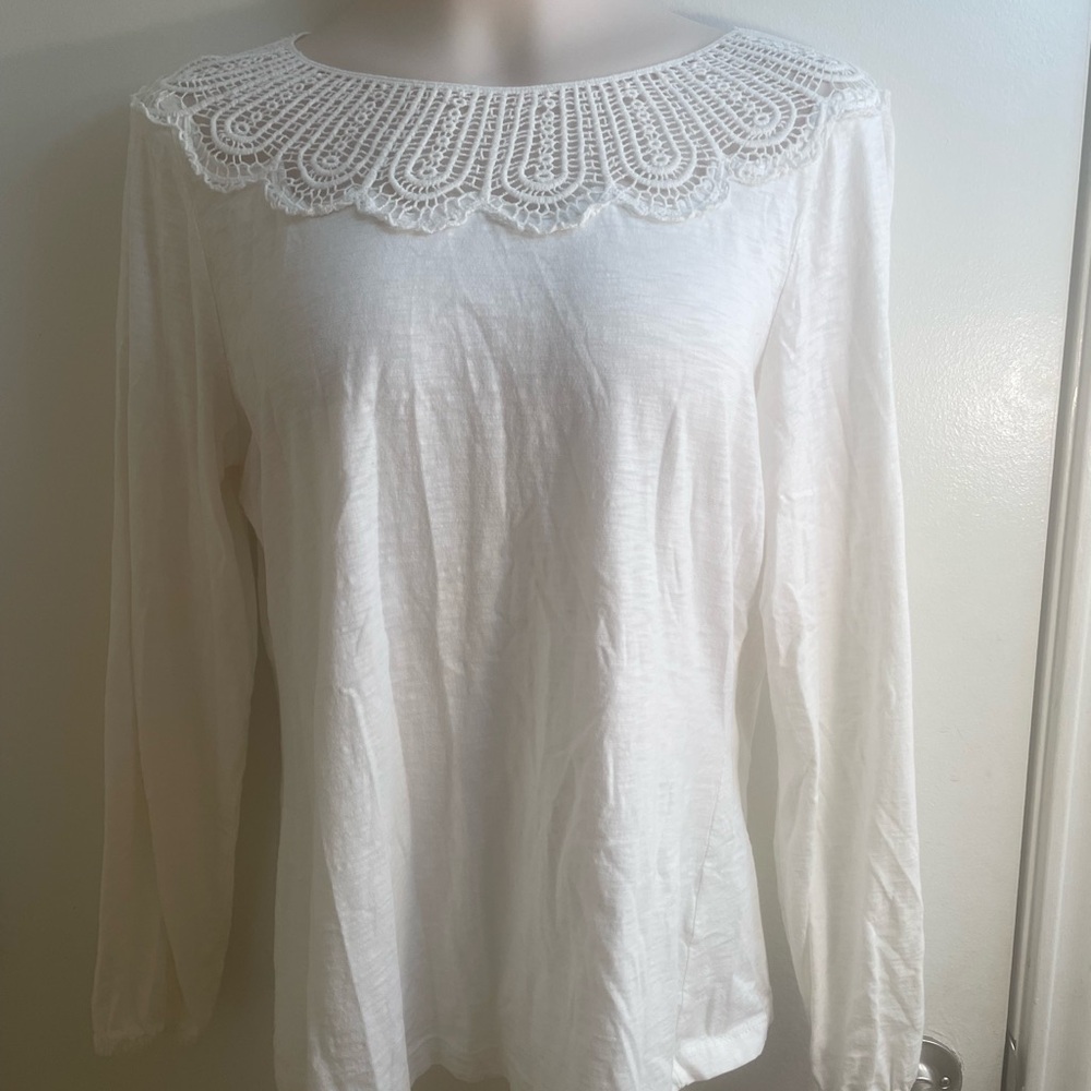 Madison White Long-Sleeve Top with Crochet Yoke
